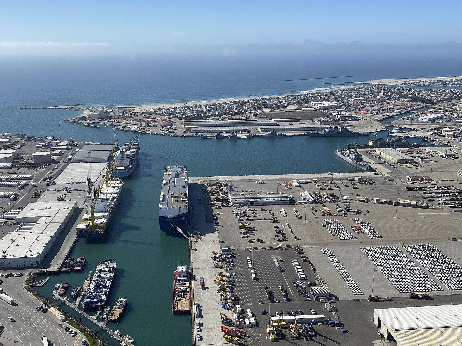 Aerial view of a container port at midday