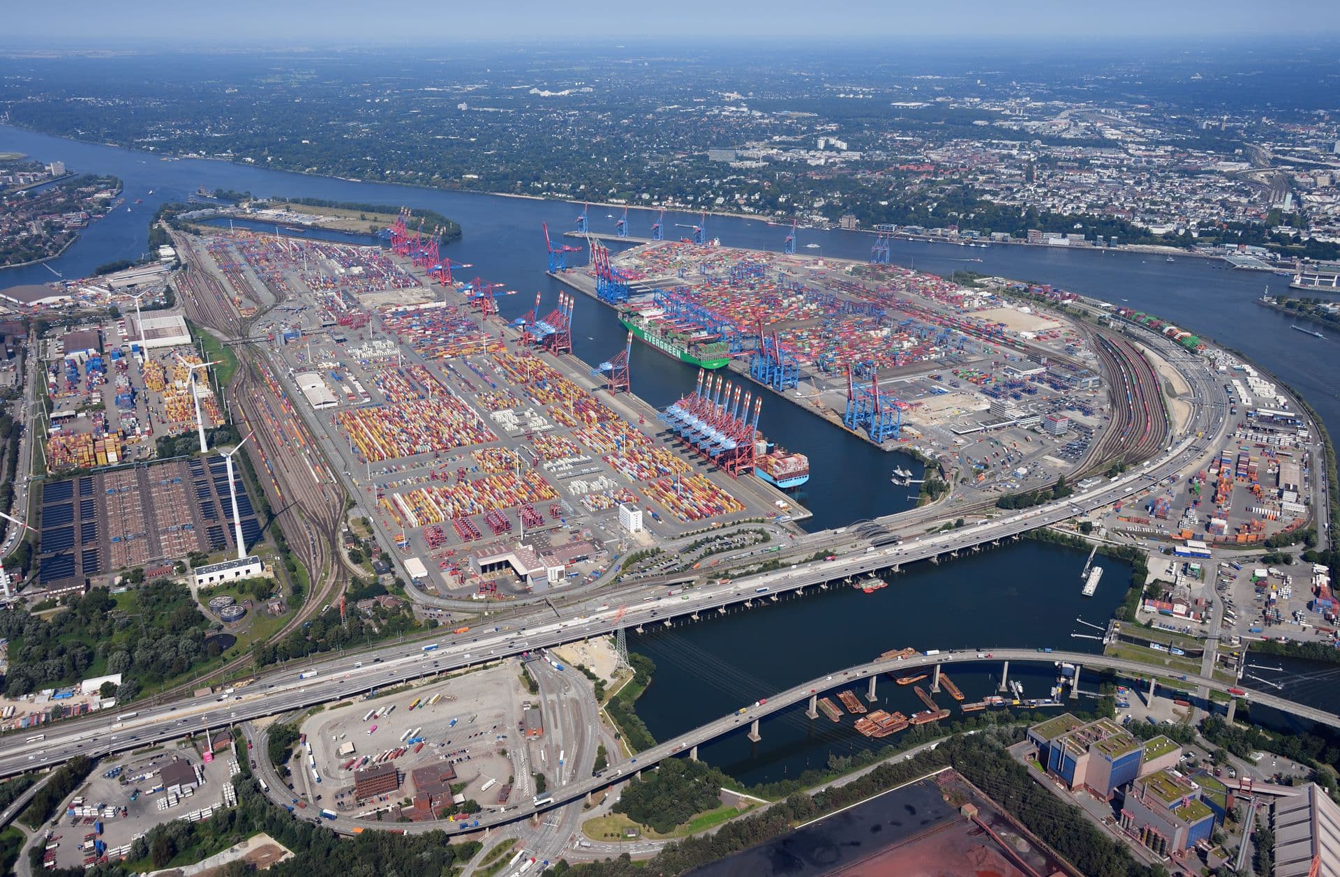 Aerial view of container terminals and shipping berths